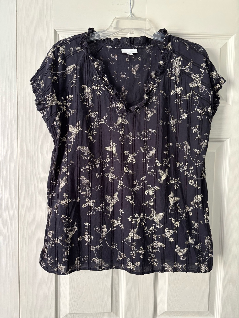 J. Jill Navy Floral & Bird Print Ruffle Neck Blouse